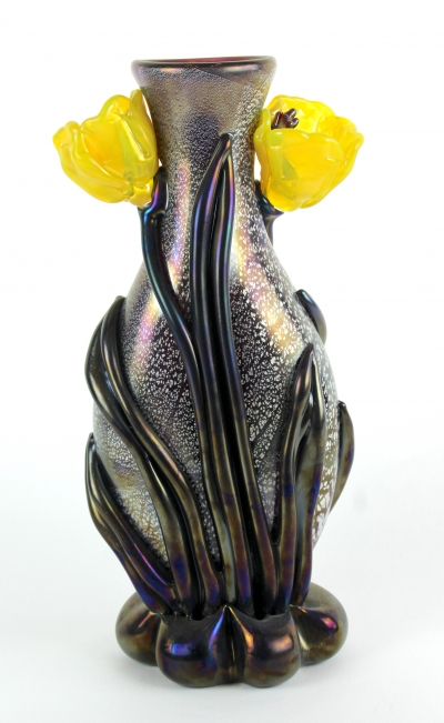 Iridescent Silver Leaf Amethyst With Yellow Tulips