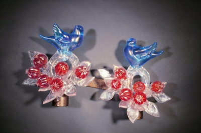 Iridescent Aqua Birds with Crystal Branches